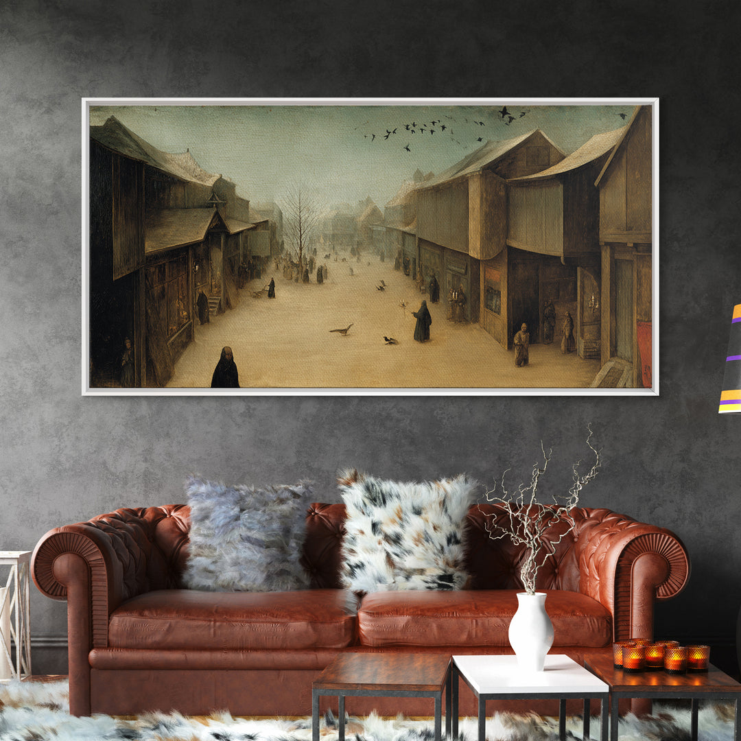 The Ghost Town Main Street, Northern Renaissance Horror, Wide Panoramic Art, Dark Halloween Decor, Framed Canvas Print
