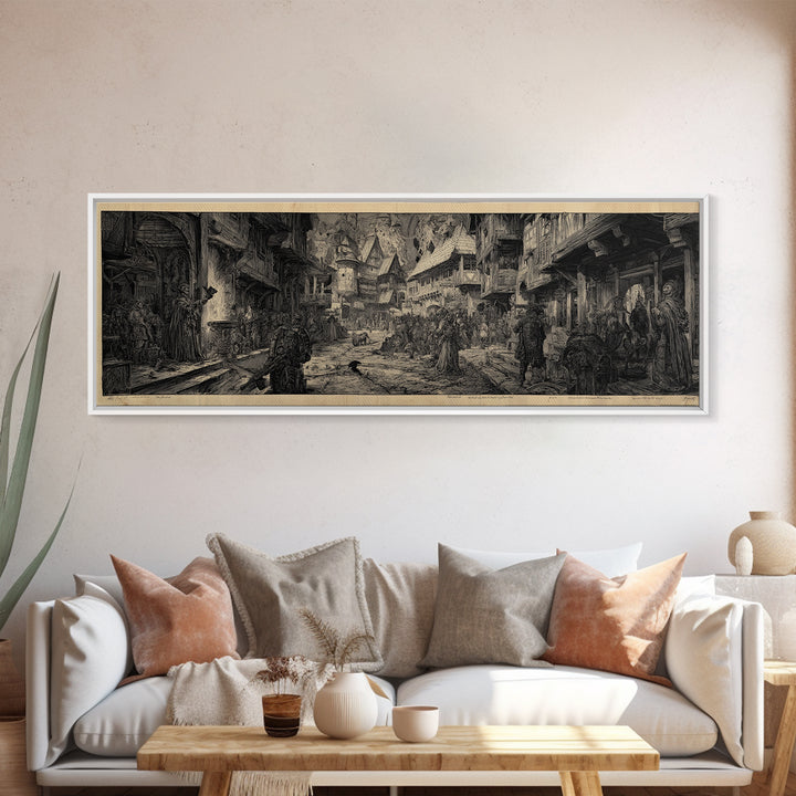 The Ghost Town Main Street, Renaissance Engraving Art, Extra Wide Wall Art, Dark Halloween Decor, Framed Canvas Print, Halloween Wall Art