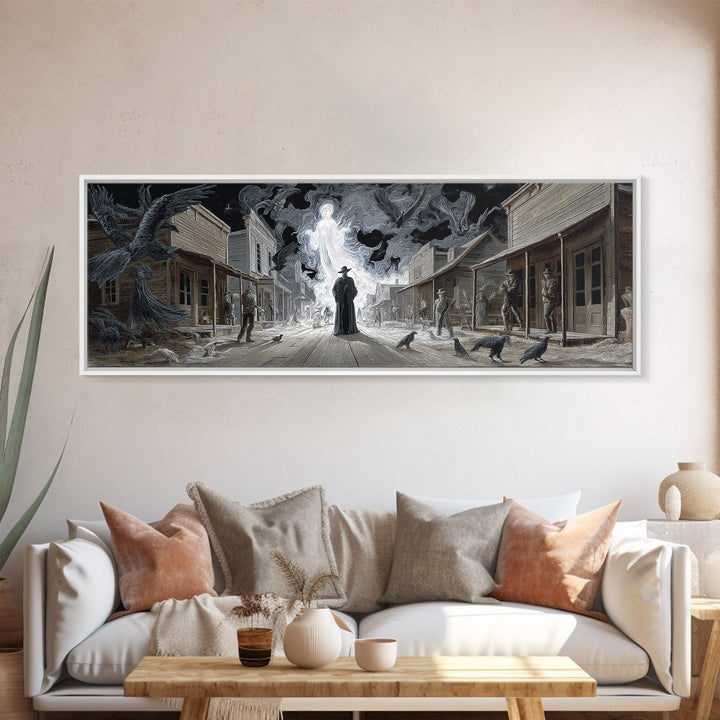The Ghost Town Main Street, Visionary Gothic Art, Extra Wide Wall Art, Macabre Wall Art, Framed Canvas Print, Halloween Wall Art