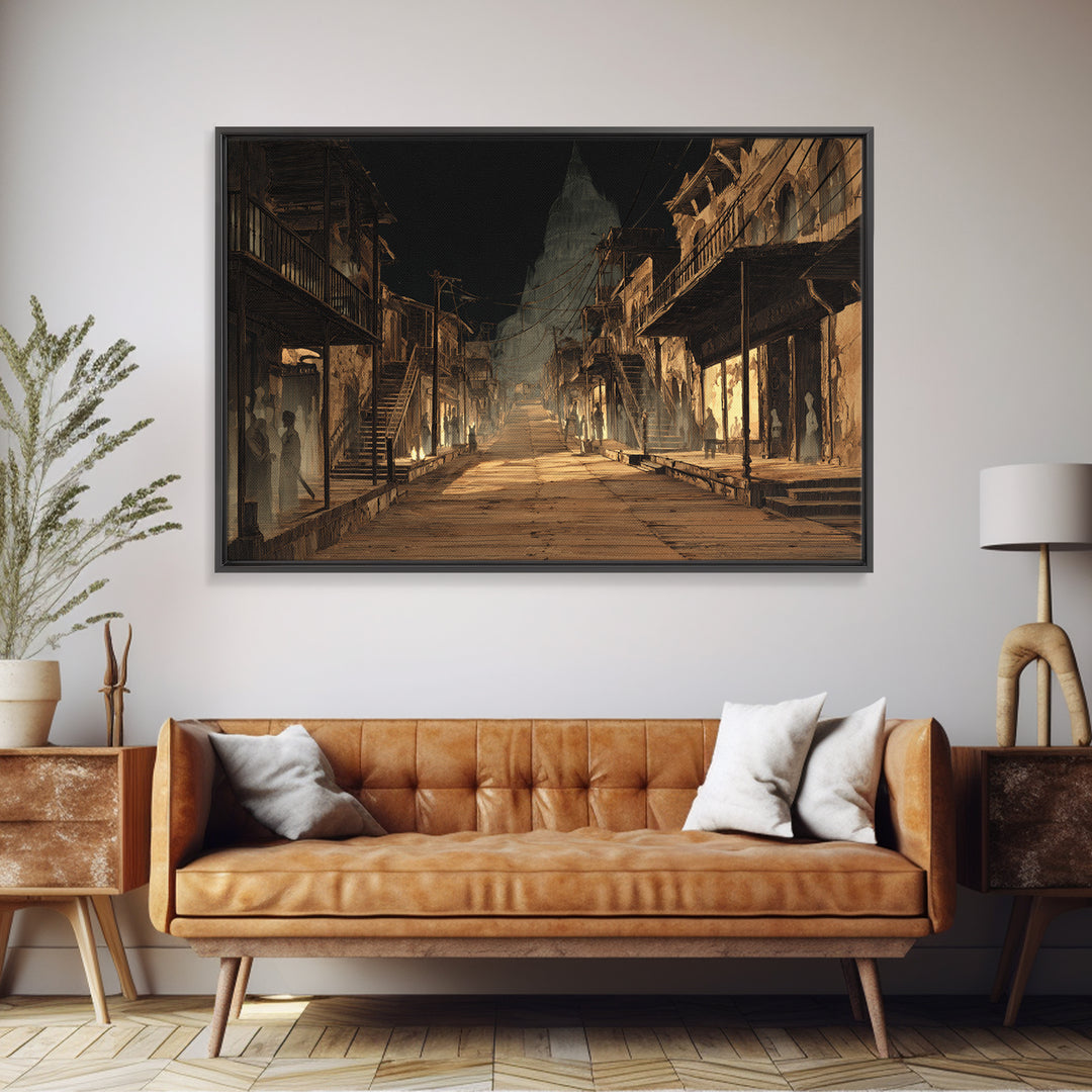 The Ghost Town Main Street, Architectural Etching Art, Landscape Wall Art, Dark Halloween Decor, Framed Canvas Print