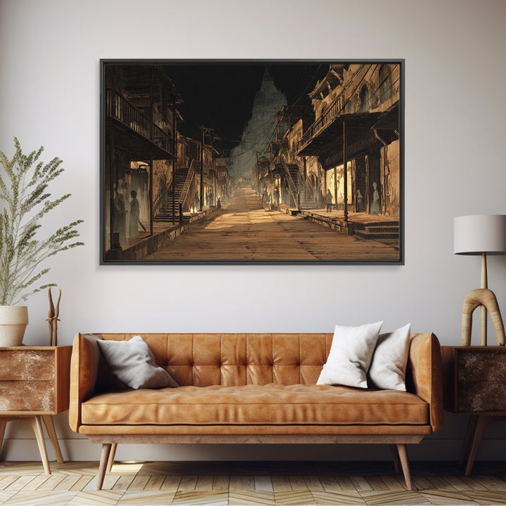The Ghost Town Main Street, Architectural Etching Art, Landscape Wall Art, Dark Halloween Decor, Framed Canvas Print