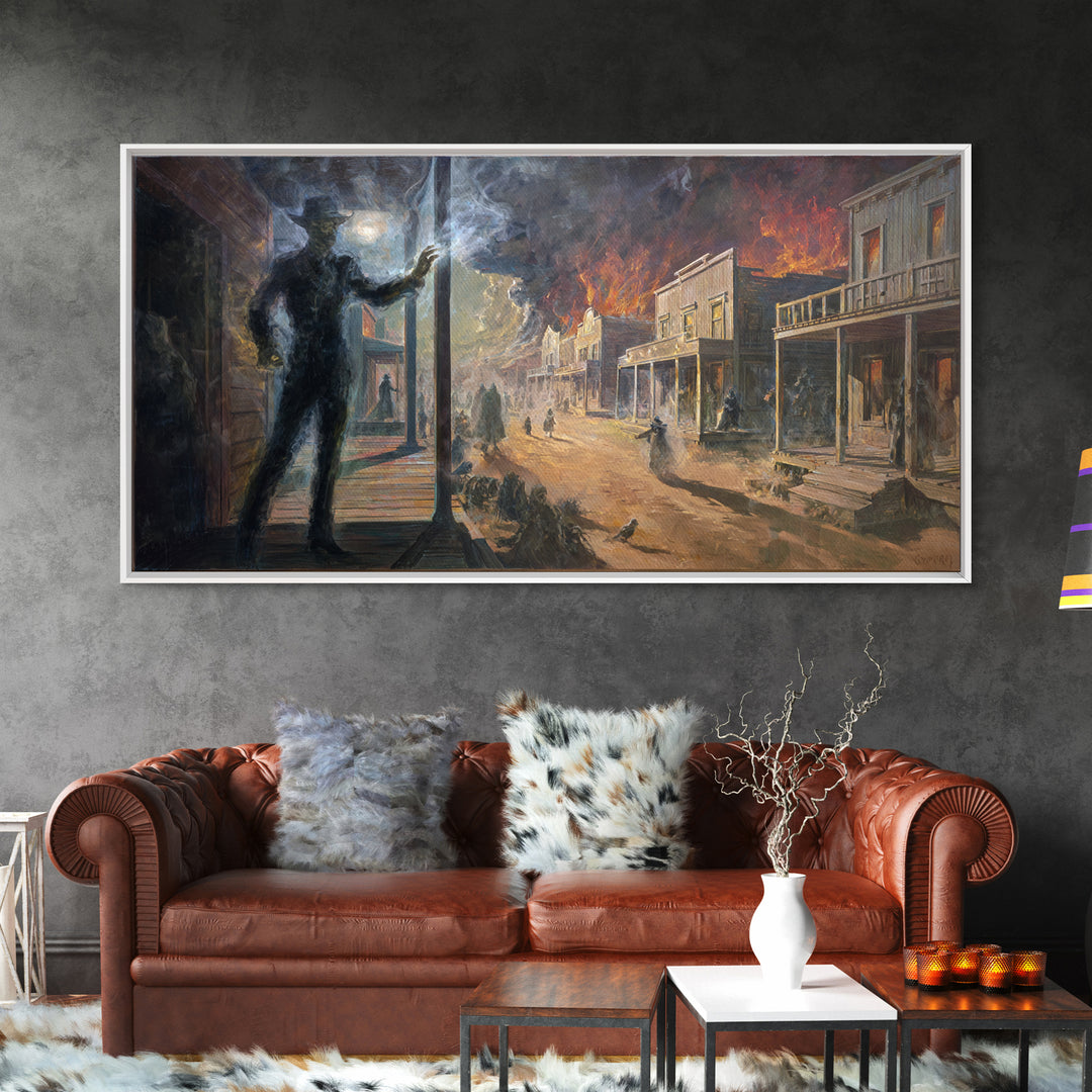 The Ghost Town Main Street, Apocalyptic Romantic Art, Wide Panoramic Art, Dark Fantasy Wall Art, Framed Canvas Print, Halloween Wall Art