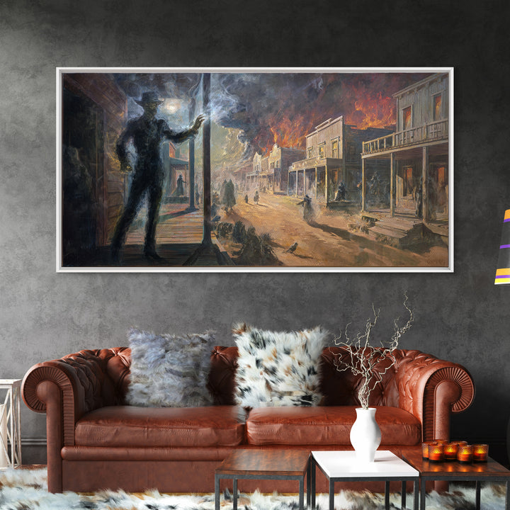 The Ghost Town Main Street, Apocalyptic Romantic Art, Wide Panoramic Art, Dark Fantasy Wall Art, Framed Canvas Print, Halloween Wall Art