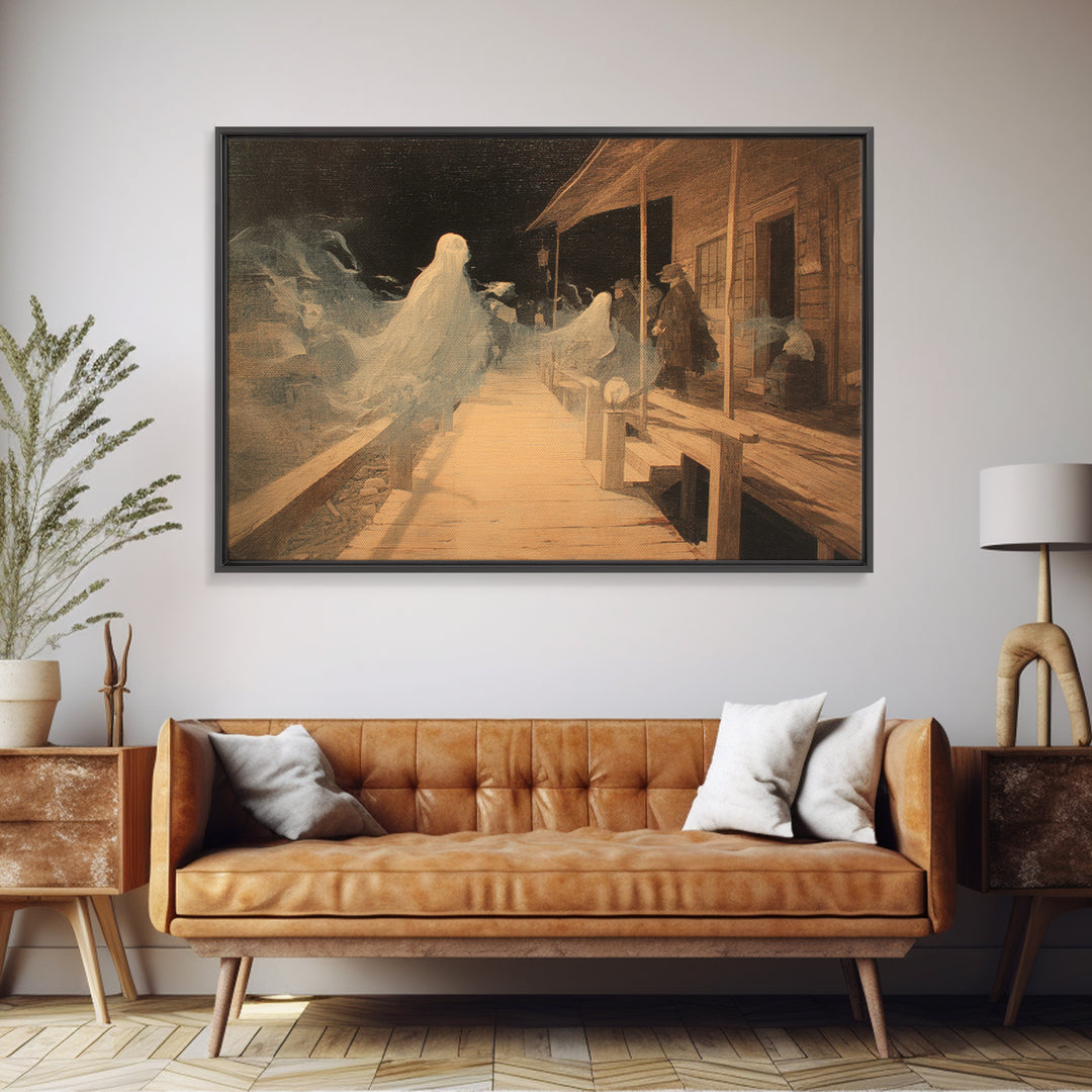 The Ghost Town Main Street, Symbolist Dream Art, Landscape Wall Art, Macabre Wall Art, Framed Canvas Print, Halloween Wall Art