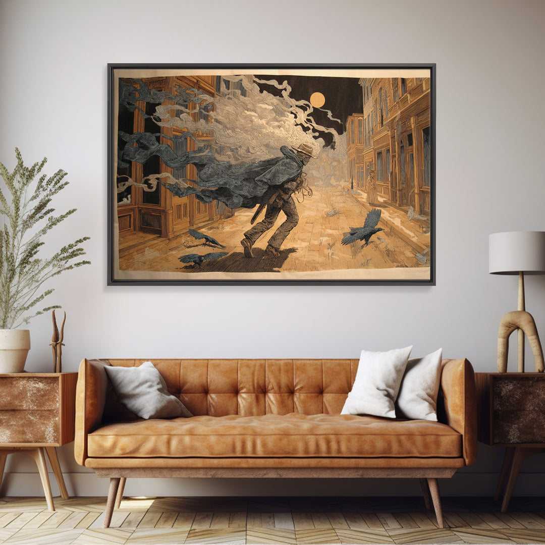 The Ghost Town Main Street, Symbolist Etching Art, Landscape Wall Art, Gothic Horror Wall Art, Framed Canvas Print, Halloween Wall Art