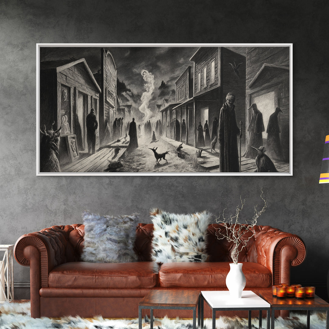 The Ghost Town Main Street, Expressionist Nightmare Art, Wide Panoramic Art, Dark Halloween Decor, Framed Canvas Print, Halloween Wall Art