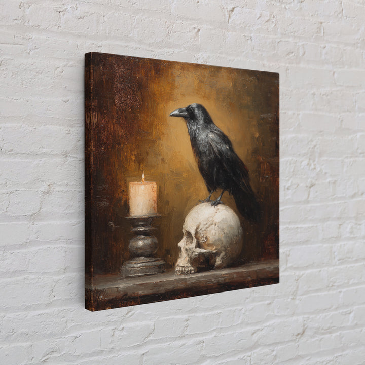 Raven Perched on a Skull Canvas Print, Dark Art, Room Decor, Living Room Decor, Fine Art, Nocturne, Digital Art, DAR-1x1-25