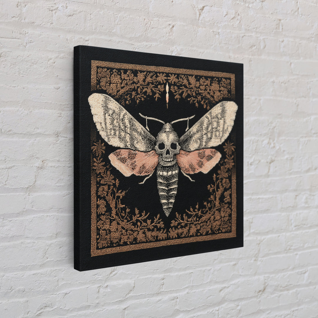Moth with Skull Pattern on Black Ground Framed Canvas Print, Dark Art, Unique Wall Decor, Living Room Decor, Fine Art, Nocturne, DAR-1x1-39