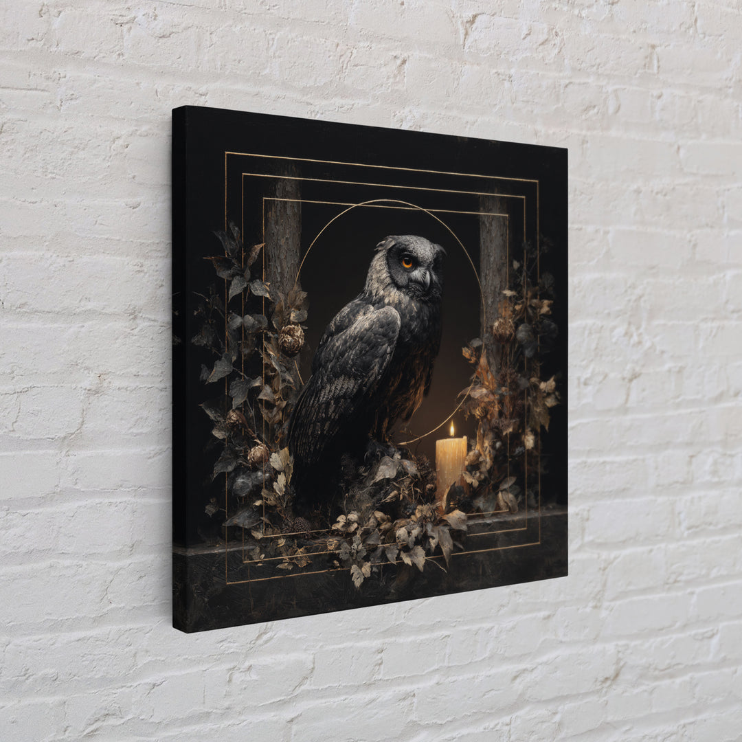Owl in a Midnight Pine Forest Framed Canvas Print, Dark Art, Weird Art, Living Room Decor, Oil Painting, Nocturne, DAR-1x1-46