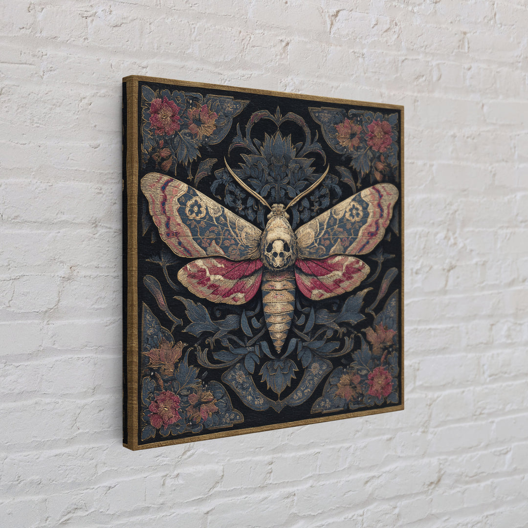 Moth with Skull Pattern on Black Ground Framed Canvas Print, Dark Art, Neutral Decor, Living Room Decor, Fine Art, Nocturne, DAR-1x1-63