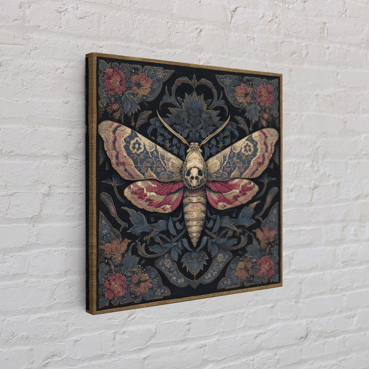 Moth with Skull Pattern on Black Ground Framed Canvas Print, Dark Art, Neutral Decor, Living Room Decor, Fine Art, Nocturne, DAR-1x1-63