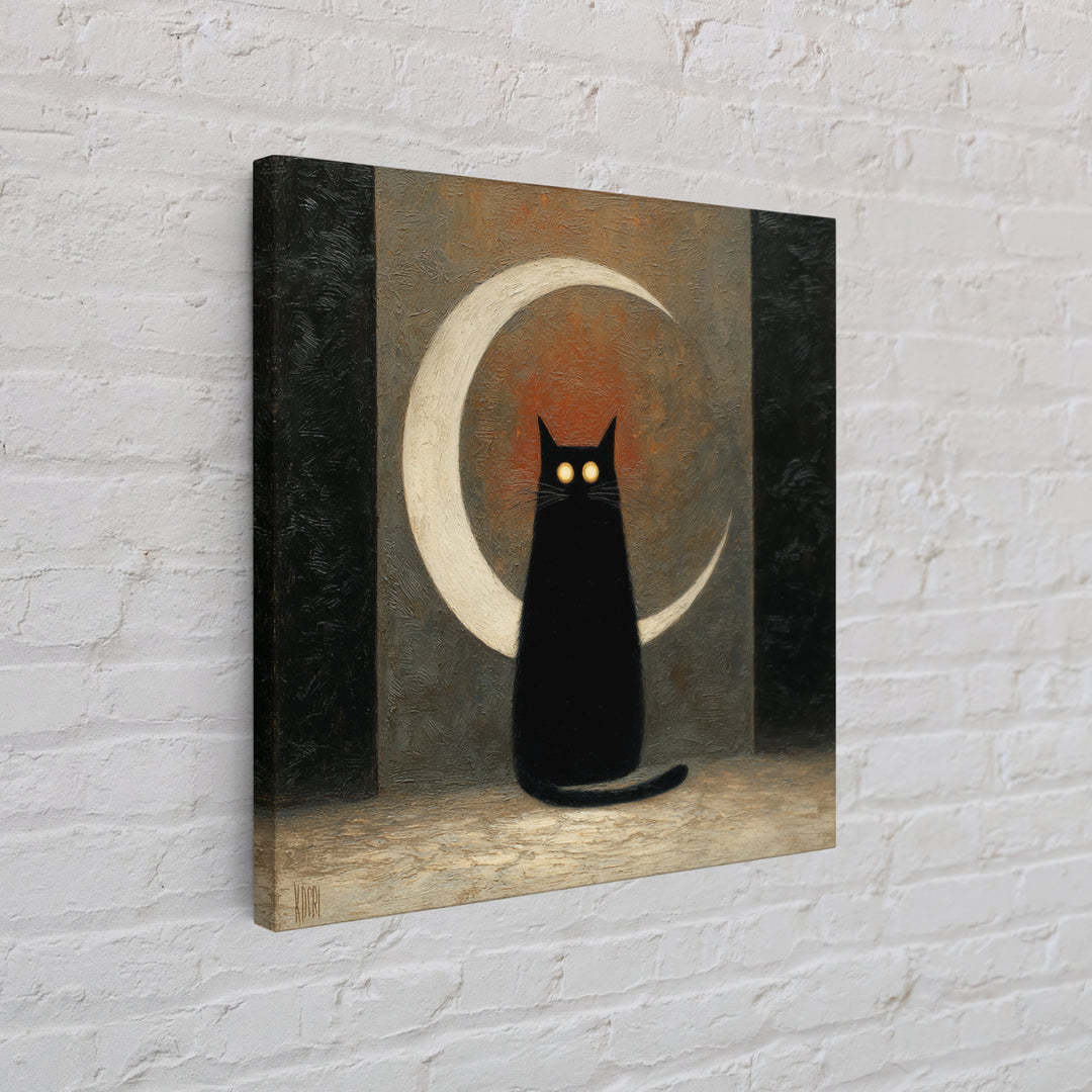 Black Cat with Glowing Eyes under Crescent Canvas Print, Dark Art, Statement Artwork, Living Room Decor, Fine Art, Nocturne, DAR-1x1-9