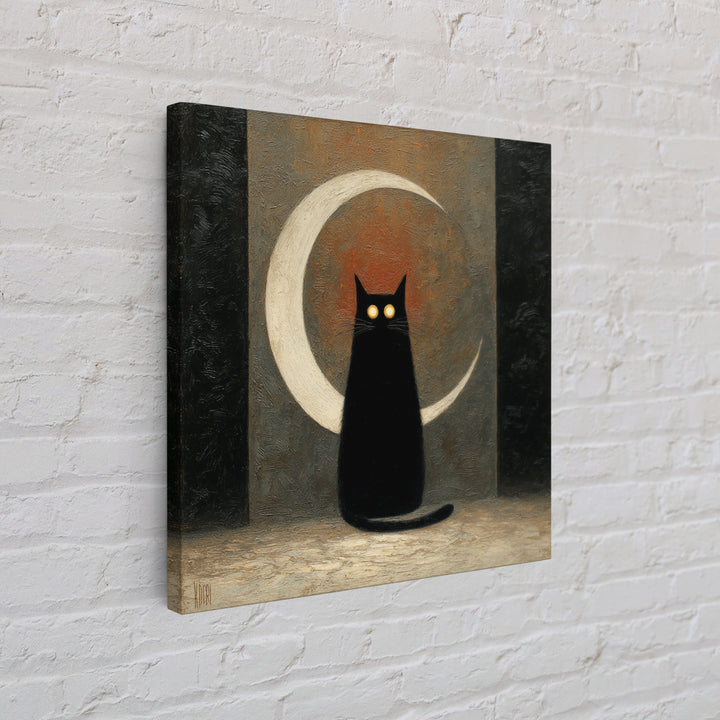 Black Cat with Glowing Eyes under Crescent Canvas Print, Dark Art, Statement Artwork, Living Room Decor, Fine Art, Nocturne, DAR-1x1-9