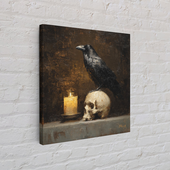 Raven Perched on a Skull Canvas Print, Dark Art, Art Print, Living Room Decor, Oil Painting, Nocturne, Halloween Art, DAR-1x1-97