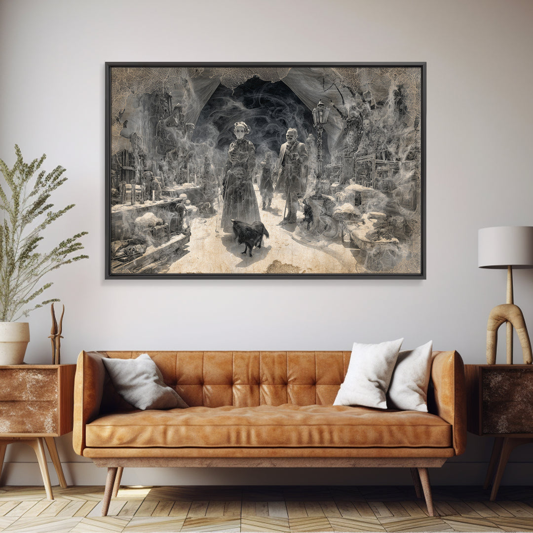 The Ghost Town Main Street, Biomechanical Horror Art, Landscape Wall Art, Gothic Horror Wall Art, Framed Canvas Print, Halloween Wall Art