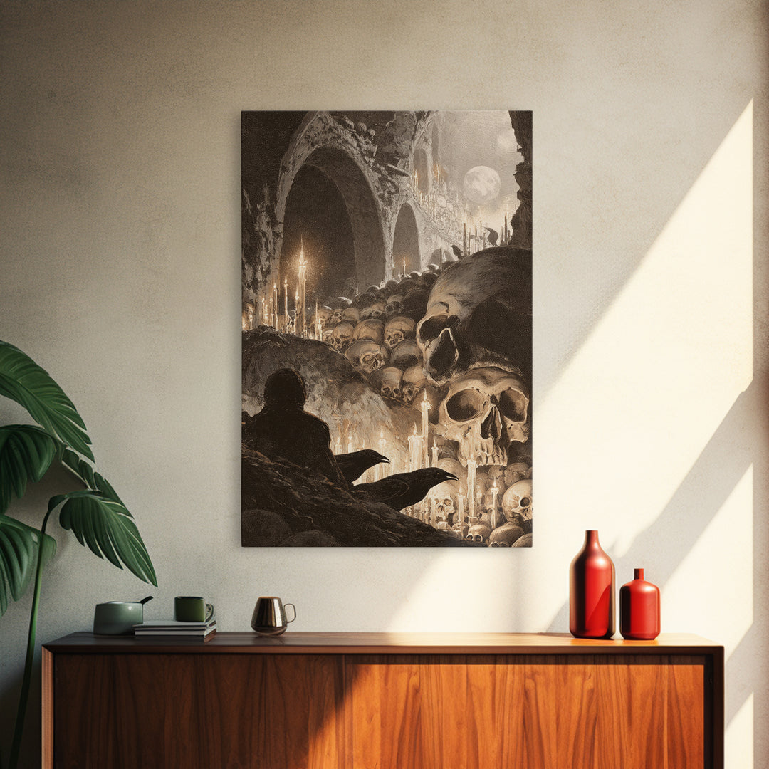 The Endless Catacombs, Symbolist Etching Art, Vertical Wall Art, Dark Halloween Decor, Canvas Print, Halloween Wall Art