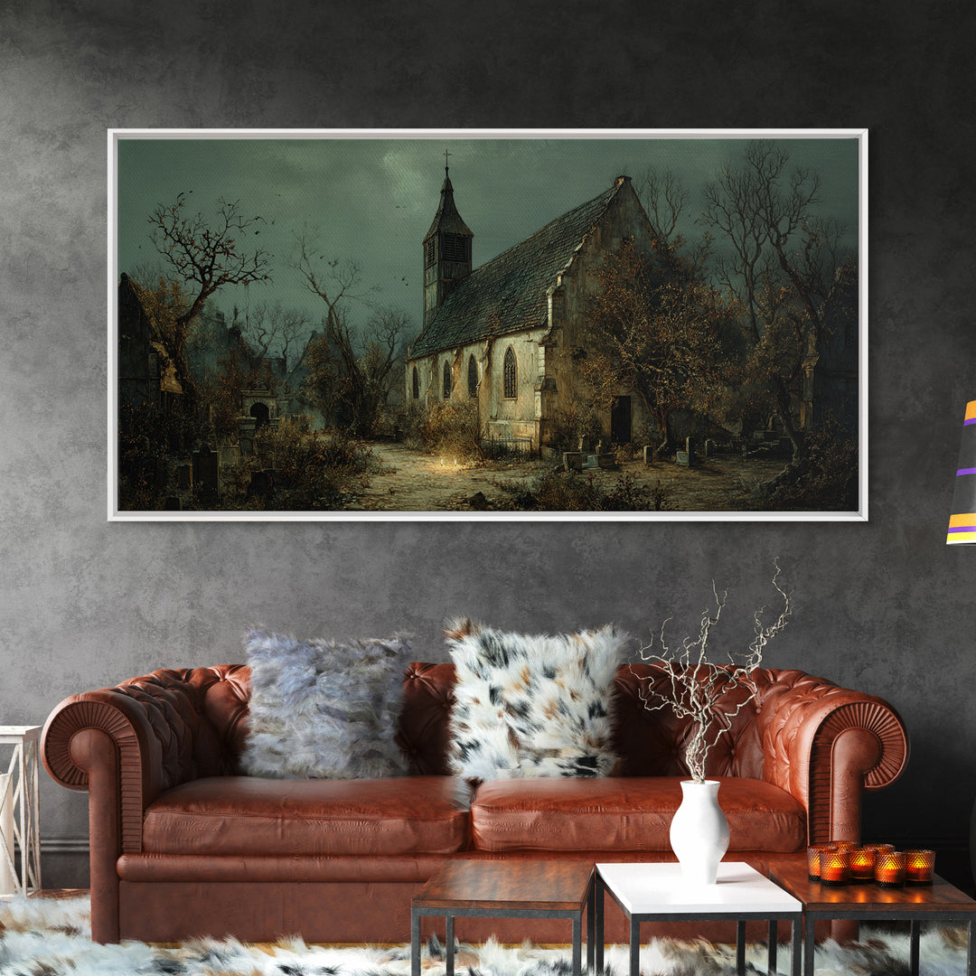The Overgrown Chapel, Northern Renaissance Horror, Wide Panoramic Art, Dark Halloween Decor, Canvas Print, Halloween Wall Art