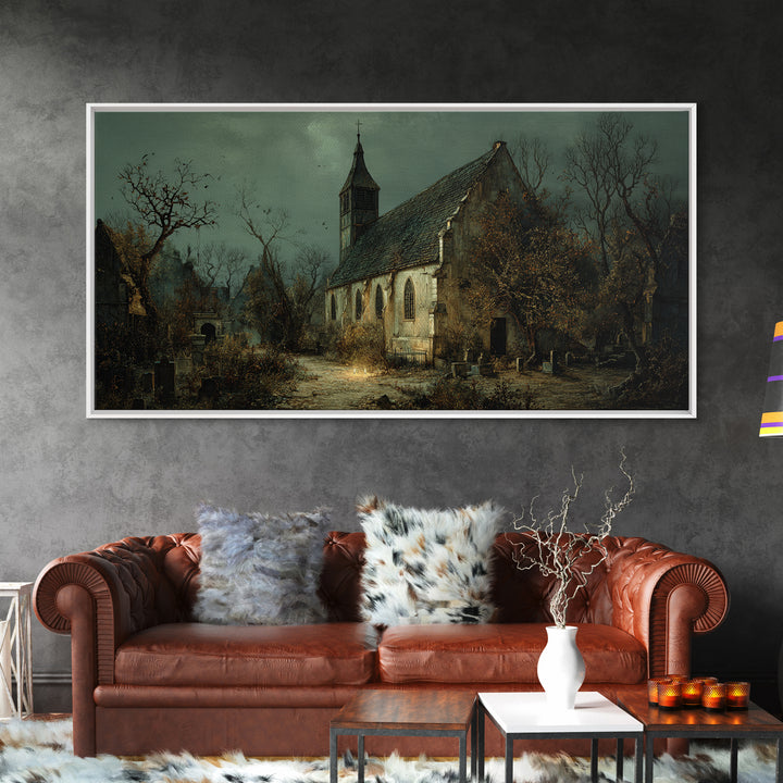 The Overgrown Chapel, Northern Renaissance Horror, Wide Panoramic Art, Dark Halloween Decor, Canvas Print, Halloween Wall Art
