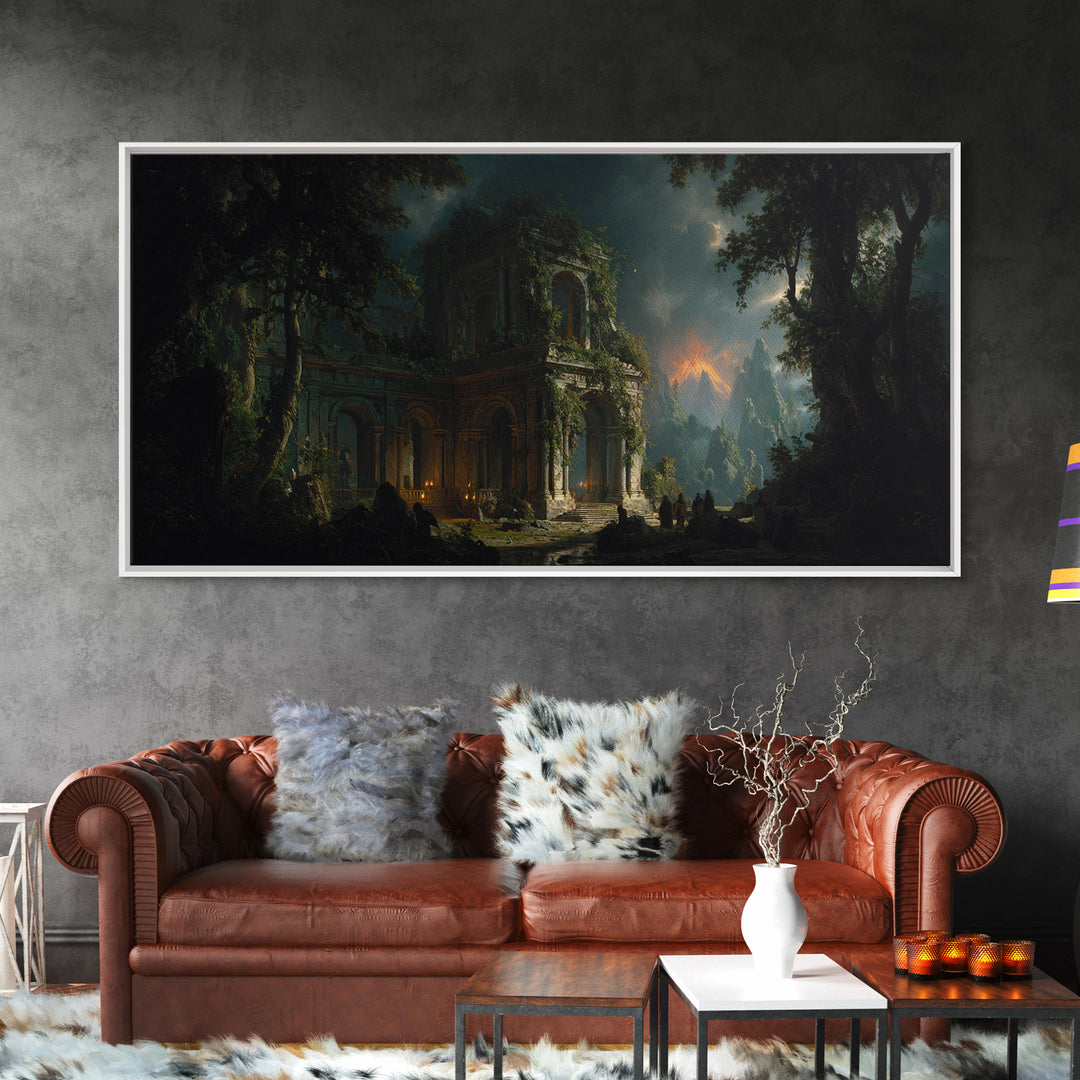 The Overgrown Chapel, Apocalyptic Romantic Art, Wide Panoramic Art, Dark Fantasy Wall Art, Framed Canvas Print, Halloween Wall Art