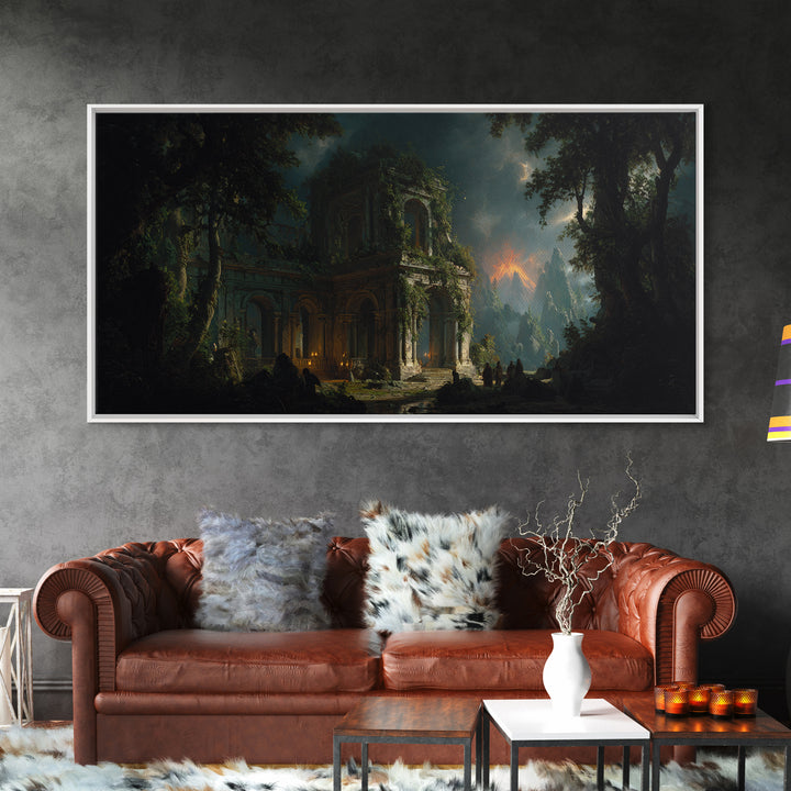 The Overgrown Chapel, Apocalyptic Romantic Art, Wide Panoramic Art, Dark Fantasy Wall Art, Framed Canvas Print, Halloween Wall Art