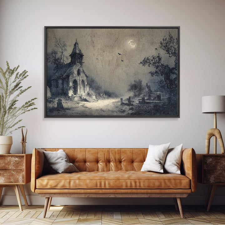 The Overgrown Chapel, Expressionist Nightmare Art, Landscape Wall Art, Macabre Wall Art, Framed Canvas Print, Halloween Wall Art