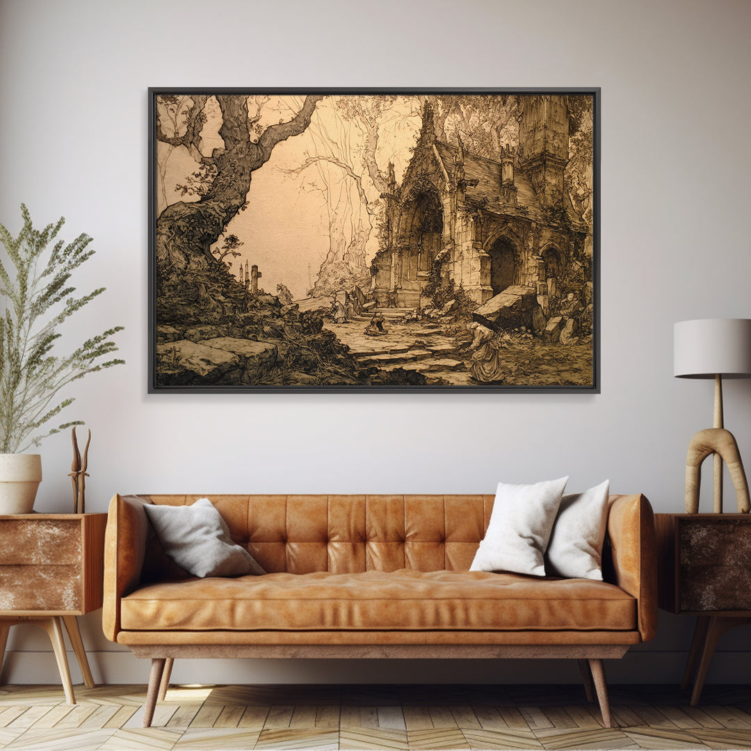The Overgrown Chapel, Gothic Storybook Art, Landscape Wall Art, Macabre Wall Art, Framed Canvas Print, Halloween Wall Art