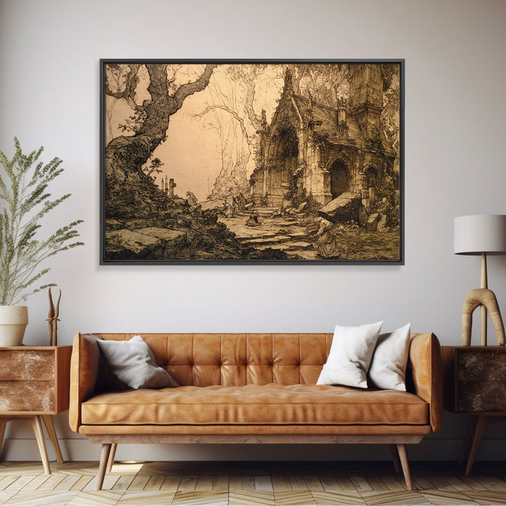 The Overgrown Chapel, Gothic Storybook Art, Landscape Wall Art, Macabre Wall Art, Framed Canvas Print, Halloween Wall Art