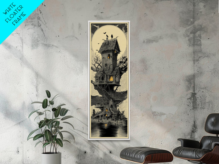 The Foggy Swamp Shack, Gothic Engraving Art, Tall Narrow Wall Art, Dark Halloween Decor, Framed Canvas Print, Halloween Wall Art