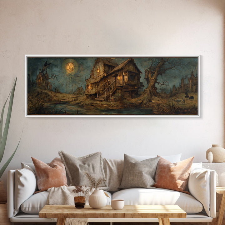 The Foggy Swamp Shack, Dark Renaissance Art, Extra Wide Wall Art, Dark Halloween Decor, Framed Canvas Print, Halloween Wall Art