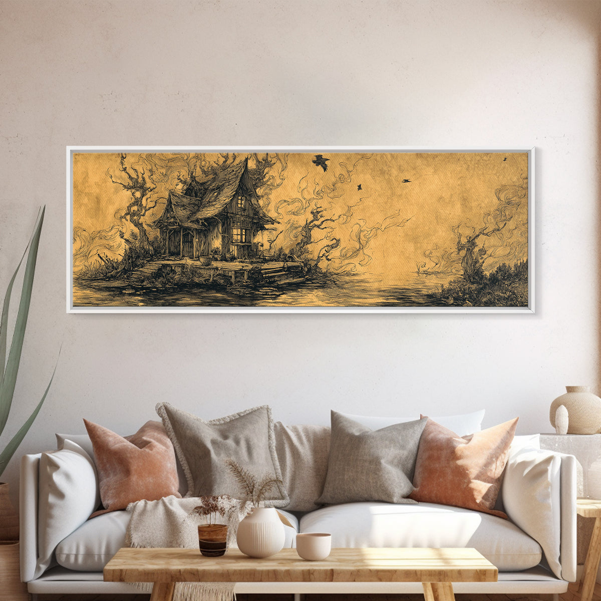 The Foggy Swamp Shack, Renaissance Engraving Art, Extra Wide Wall Art, Macabre Wall Art, Framed Canvas Print, Halloween Wall Art