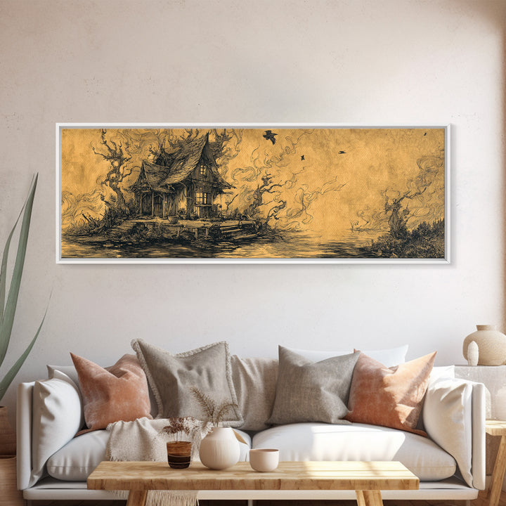 The Foggy Swamp Shack, Renaissance Engraving Art, Extra Wide Wall Art, Macabre Wall Art, Framed Canvas Print, Halloween Wall Art