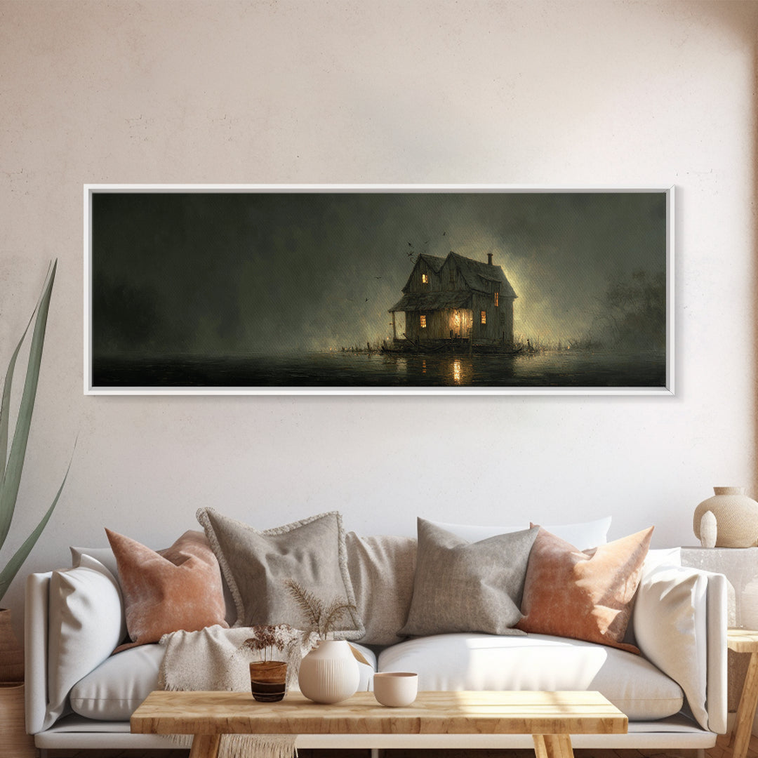 The Foggy Swamp Shack, Dark Romantic Horror Art, Extra Wide Wall Art, Macabre Wall Art, Canvas Print, Halloween Wall Art