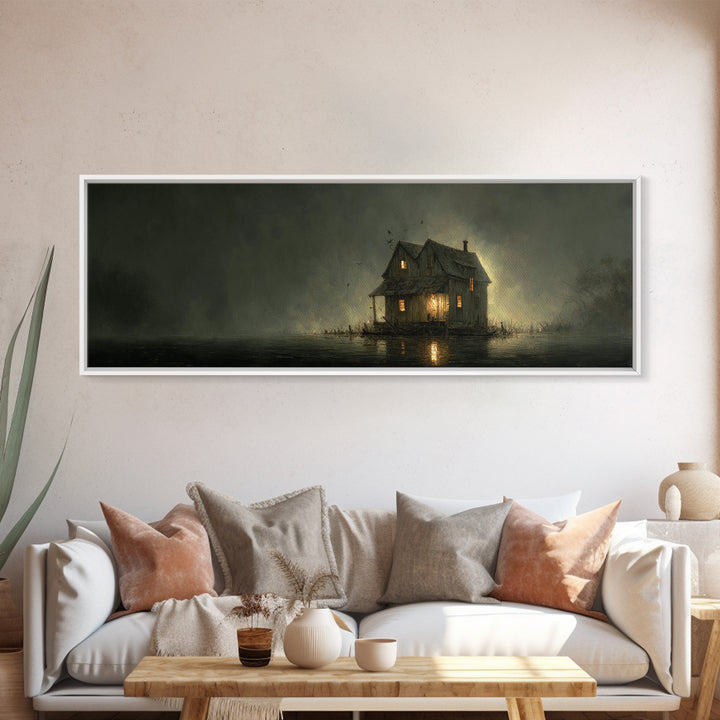 The Foggy Swamp Shack, Dark Romantic Horror Art, Extra Wide Wall Art, Macabre Wall Art, Canvas Print, Halloween Wall Art