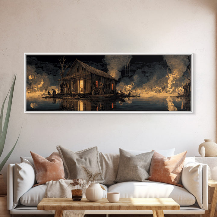 The Foggy Swamp Shack, Visionary Gothic Art, Extra Wide Wall Art, Dark Halloween Decor, Framed Canvas Print, Halloween Wall Art