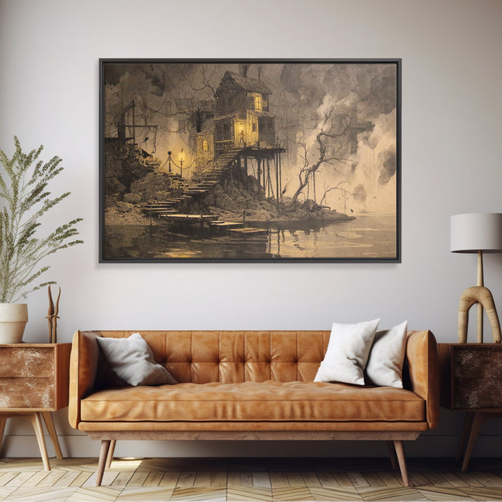 The Foggy Swamp Shack, Architectural Etching Art, Landscape Wall Art, Gothic Horror Wall Art, Canvas Print, Halloween Wall Art