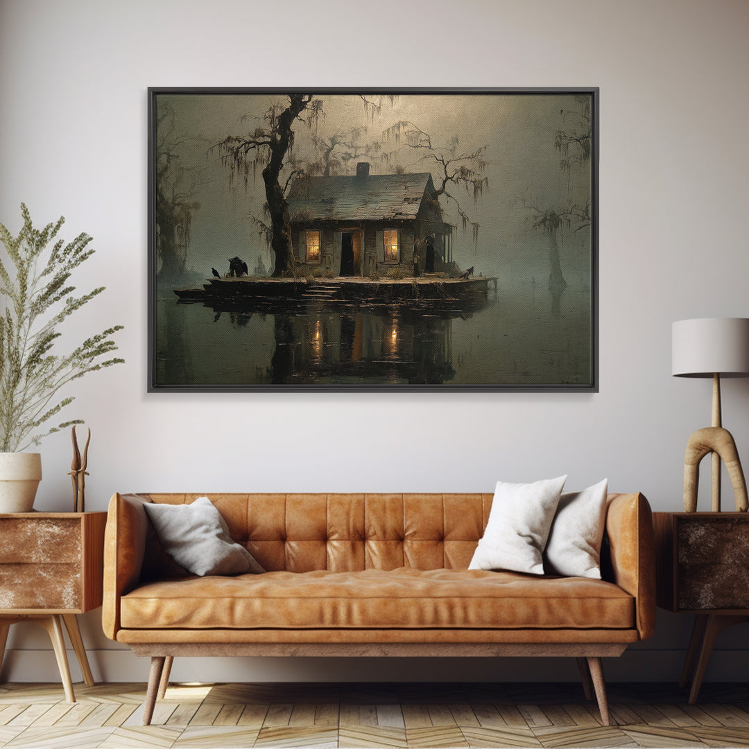 The Foggy Swamp Shack, Symbolist Gothic Landscape, Landscape Wall Art, Macabre Wall Art, Canvas Print, Halloween Wall Art