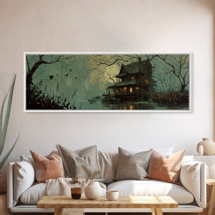 The Foggy Swamp Shack, Decadent Gothic Art, Extra Wide Wall Art, Macabre Wall Art, Framed Canvas Print, Halloween Wall Art
