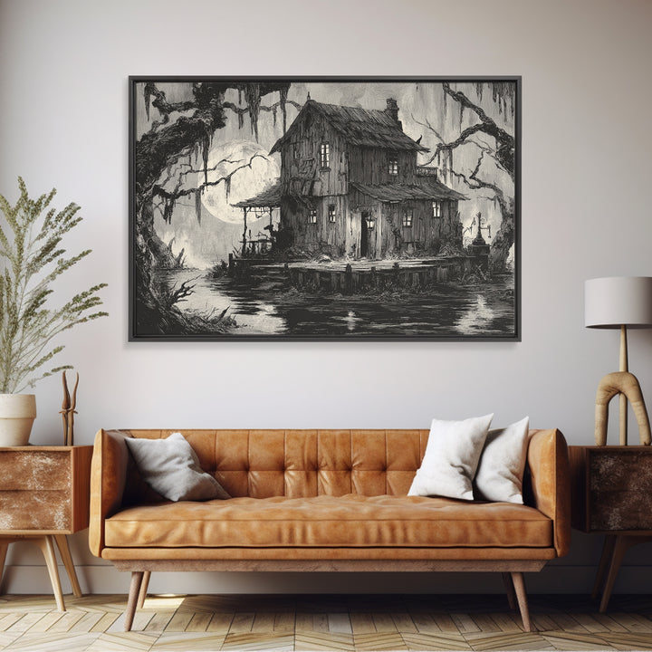 The Foggy Swamp Shack, Expressionist Nightmare Art, Landscape Wall Art, Gothic Horror Wall Art, Canvas Print, Halloween Wall Art