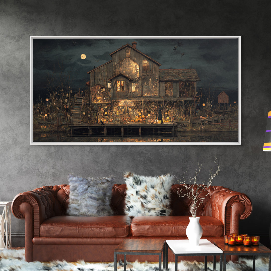 The Foggy Swamp Shack, Grotesque Carnival Art, Wide Panoramic Art, Gothic Horror Wall Art, Framed Canvas Print, Halloween Wall Art