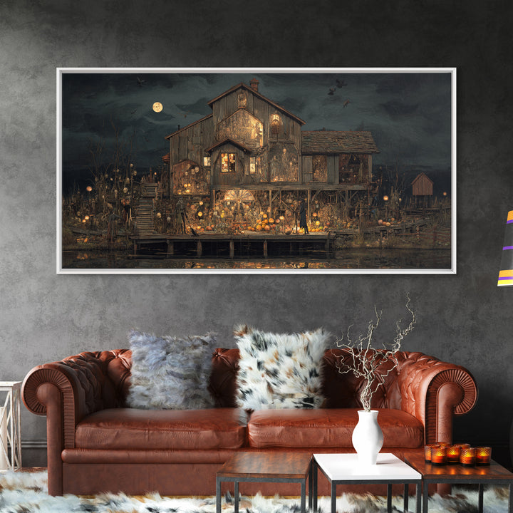 The Foggy Swamp Shack, Grotesque Carnival Art, Wide Panoramic Art, Gothic Horror Wall Art, Framed Canvas Print, Halloween Wall Art
