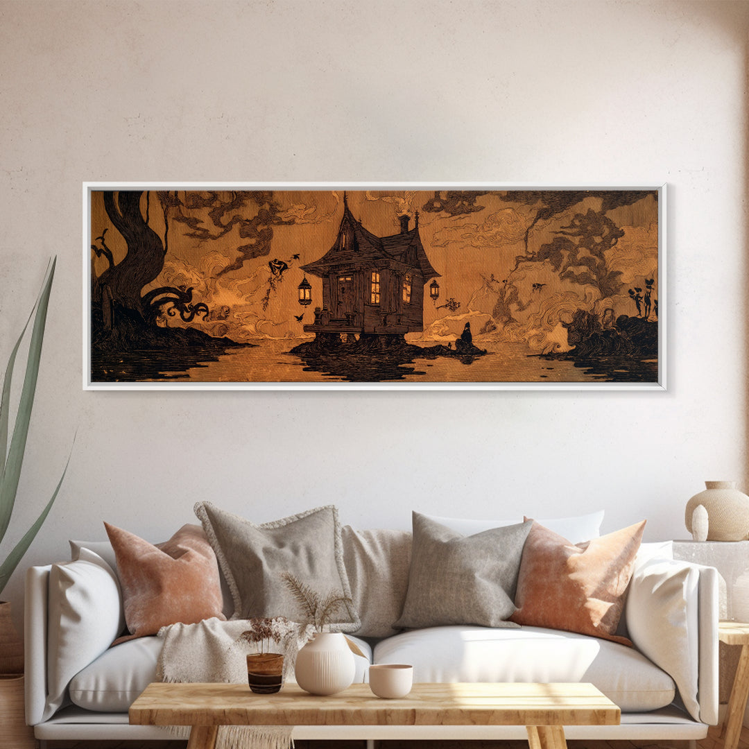 The Foggy Swamp Shack, Decadent Line Art, Extra Wide Wall Art, Dark Fantasy Wall Art, Framed Canvas Print, Halloween Wall Art
