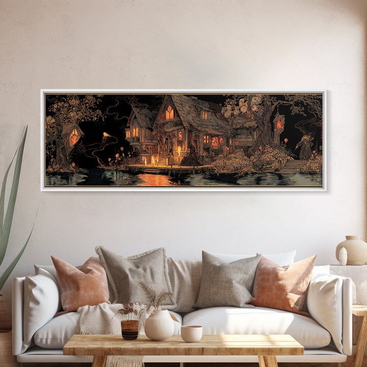 The Foggy Swamp Shack, Stained Glass Gothic Art, Extra Wide Wall Art, Macabre Wall Art, Framed Canvas Print, Halloween Wall Art