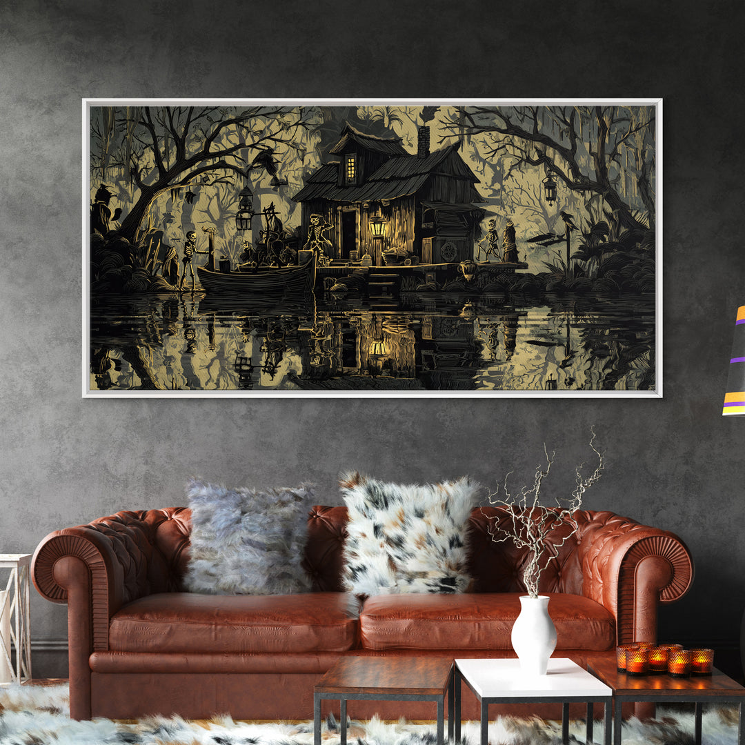 The Foggy Swamp Shack, Macabre Folk Print Art, Wide Panoramic Art, Gothic Horror Wall Art, Canvas Print, Halloween Wall Art