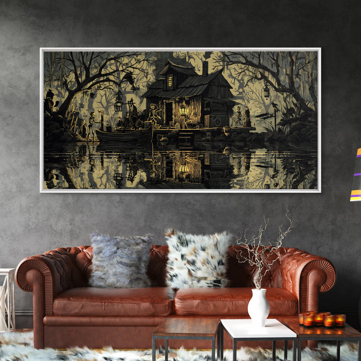 The Foggy Swamp Shack, Macabre Folk Print Art, Wide Panoramic Art, Gothic Horror Wall Art, Canvas Print, Halloween Wall Art