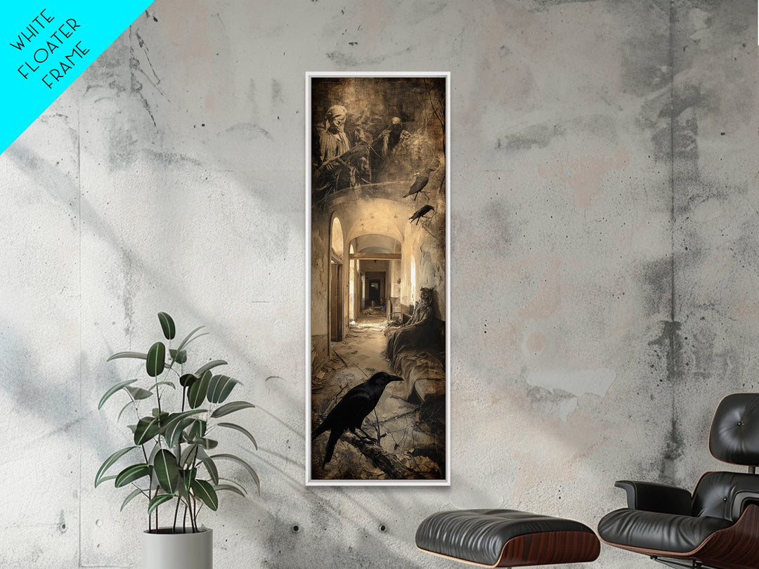 The Derelict Asylum, Symbolist Etching Art, Tall Narrow Wall Art, Dark Halloween Decor, Framed Canvas Print, Halloween Wall Art