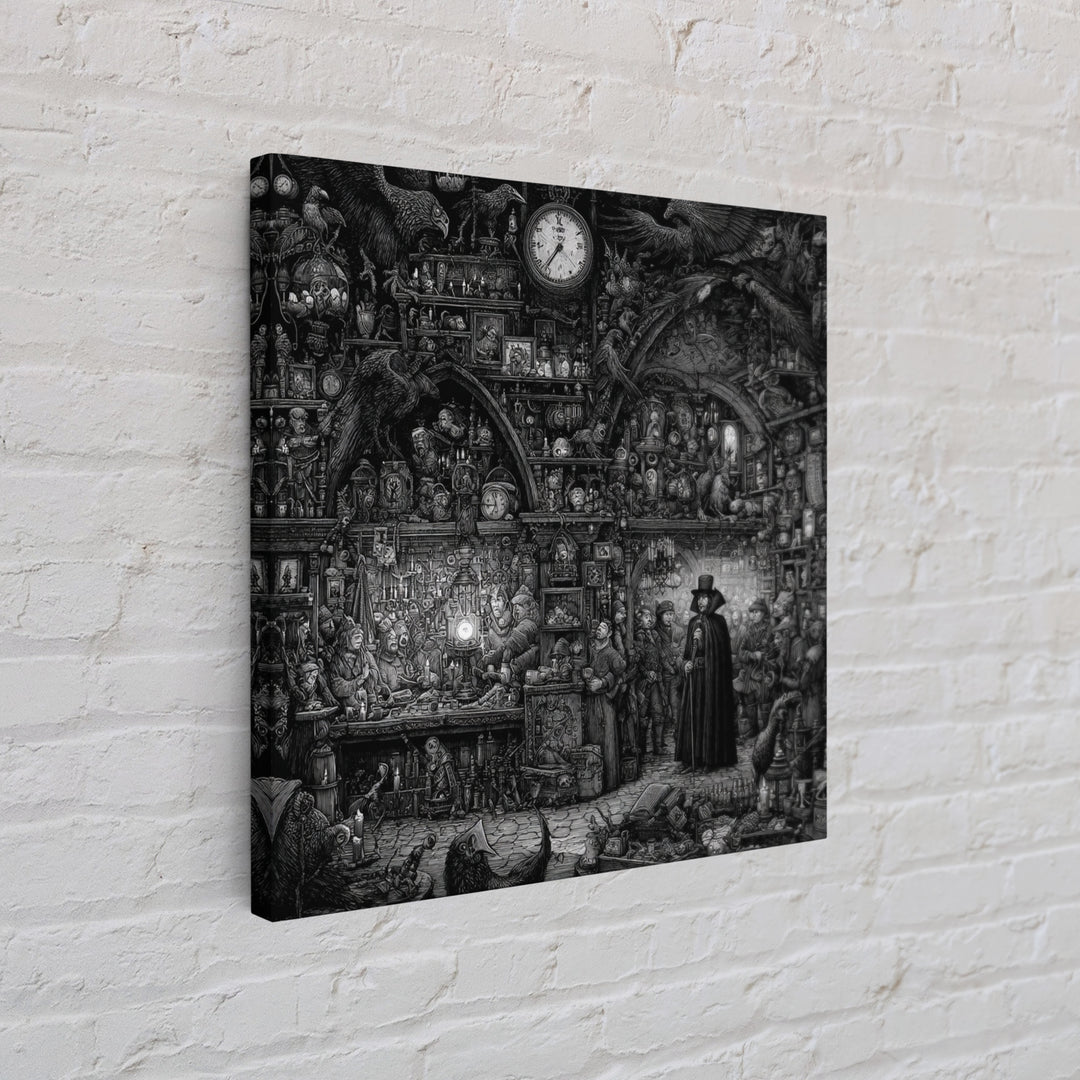 The Midnight Antique Shop, Renaissance Engraving Art, Square Wall Art, Dark Fantasy Wall Art, Framed Canvas Print, Halloween Wall Art