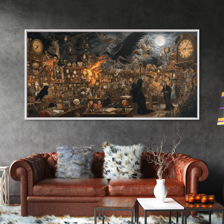 The Midnight Antique Shop, Visionary Gothic Art, Wide Panoramic Art, Gothic Horror Wall Art, Framed Canvas Print, Halloween Wall Art