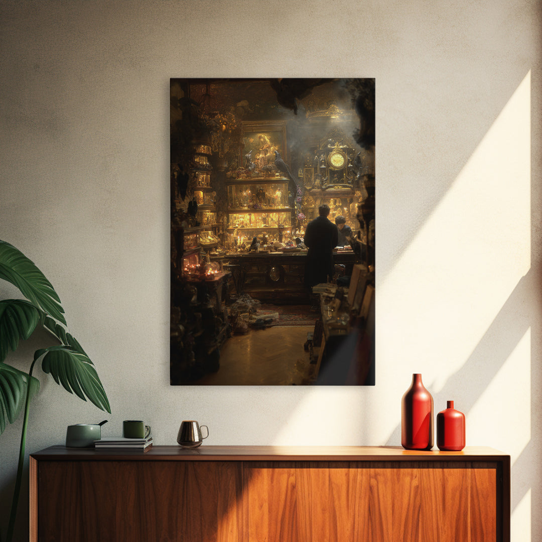 The Midnight Antique Shop, Ornate Symbolist Art, Vertical Wall Art, Dark Fantasy Wall Art, Framed Canvas Print, Halloween Wall Art