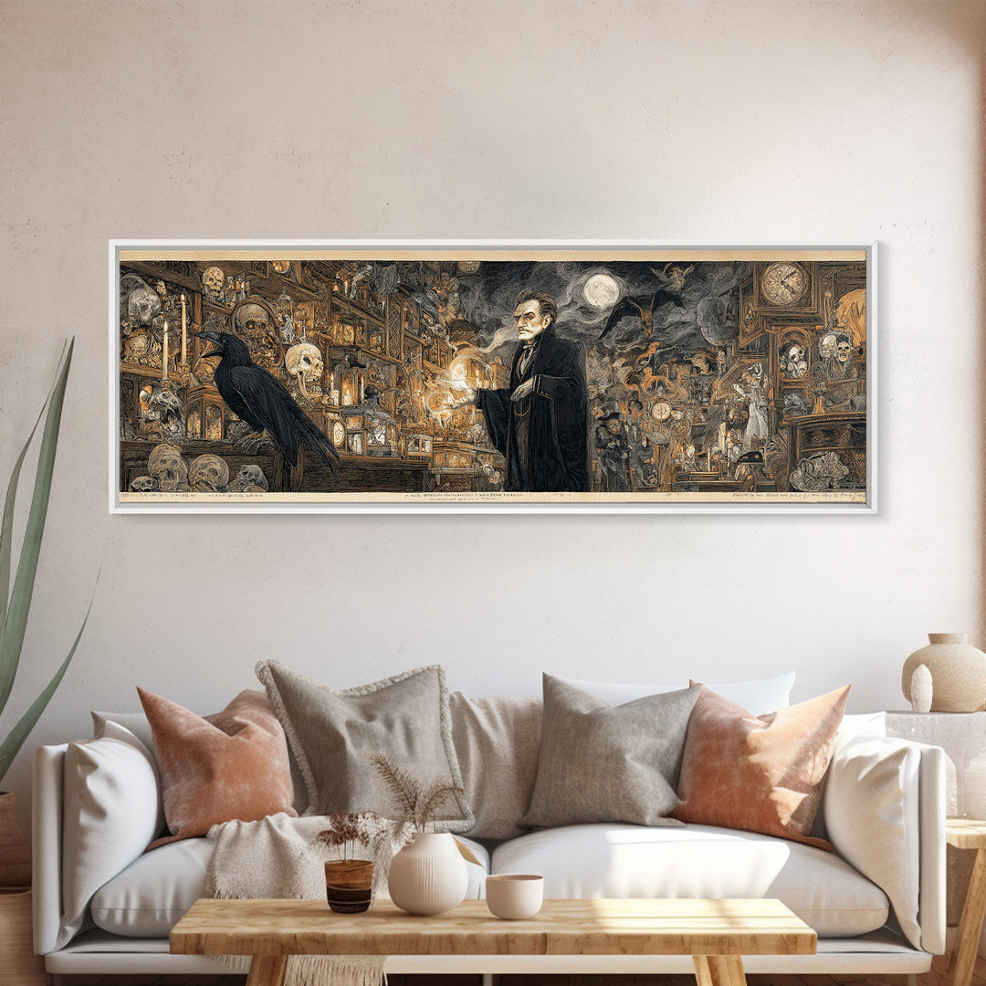 The Midnight Antique Shop, Symbolist Etching Art, Extra Wide Wall Art, Gothic Horror Wall Art, Canvas Print, Halloween Wall Art