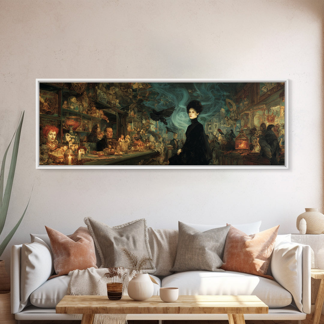The Midnight Antique Shop, Expressionist Gothic Art, Extra Wide Wall Art, Dark Halloween Decor, Framed Canvas Print, Halloween Wall Art